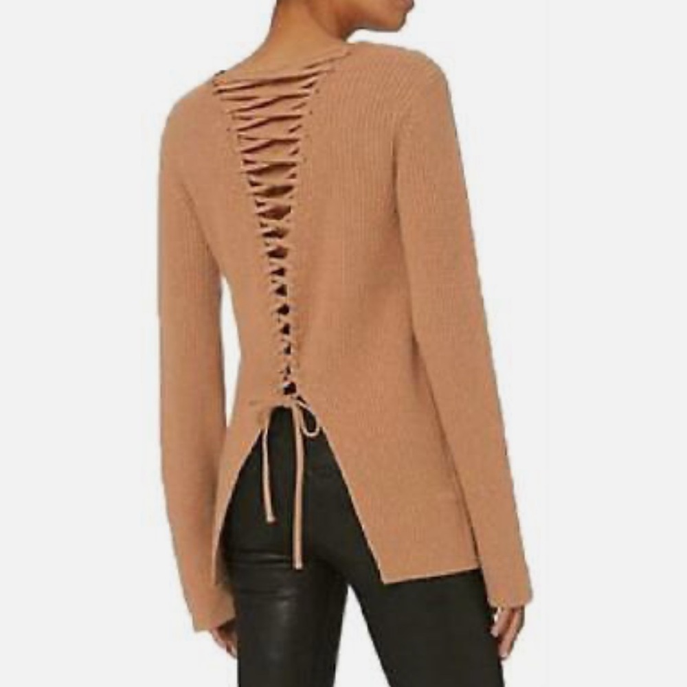 A.L.C. Camel Tan MARKELL Wool Cashmere Lace-Up Back Crewneck Sweater